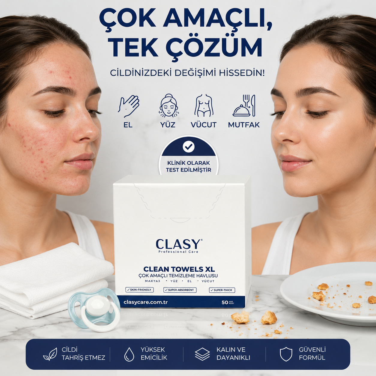 Clasy® Hijyenik Yüz Ve Makyaj Temizleme Bakım Havlusu