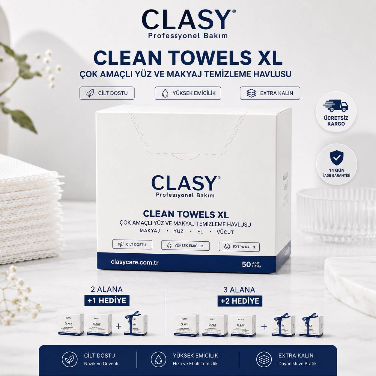 Clasy® Hijyenik Yüz Ve Makyaj Temizleme Bakım Havlusu